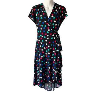 New* Wrap Dress Size Medium Black Pink Green Hearts Fit & Flare Colorful READ